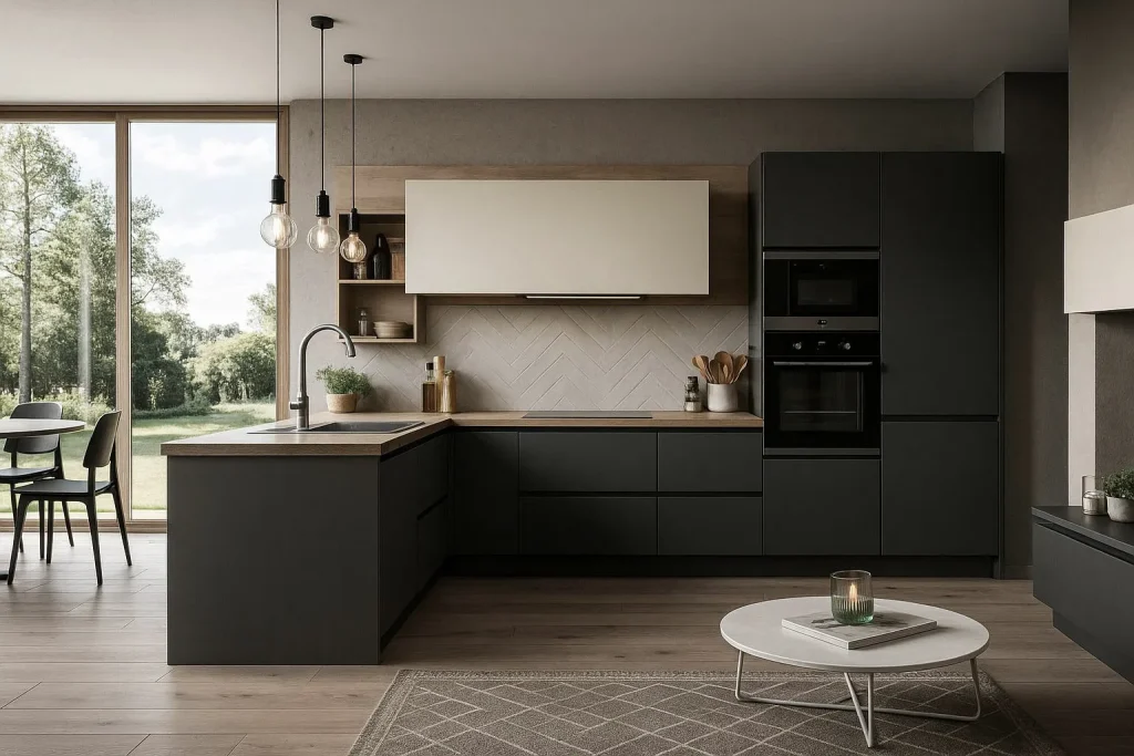 Rendering fotorealistico del soggiorno di una villa moderna in Svizzera con arredi di design | Fotorealistisches Rendering eines Wohnzimmers in einer modernen Villa in der Schweiz mit Designer-Einrichtung | Photorealistic rendering of the living room of a modern design villa in Switzerland with designer furnishings