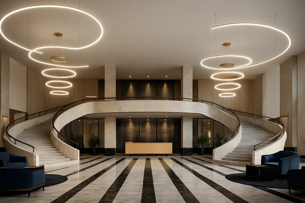 Rendering fotorealistico dell’ingresso di una hall di hotel di lusso | Fotorealistisches Rendering des Eingangsbereichs einer Luxushotelhalle | Photorealistic rendering of the entrance hall of a luxury hotel