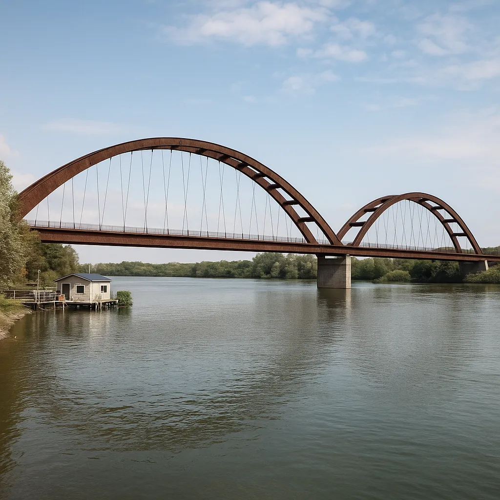 Rendering panoramico di un ponte sul Po immerso nel paesaggio naturale, con attenzione alla sostenibilità visiva | Panoramisches Rendering einer Brücke über den Po in die natürliche Landschaft eingebettet, mit Fokus auf visuelle Nachhaltigkeit | Panoramic rendering of a bridge over the Po River immersed in nature, with a focus on visual sustainability