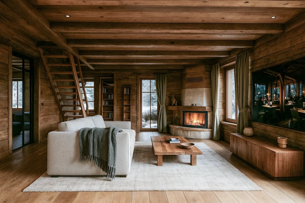 Rendering 3D di uno chalet di lusso con vista alpina, materiali naturali e interni raffinati | 3D-Rendering eines Luxus-Chalets mit Alpenblick, natürlichen Materialien und edlem Interieur | 3D rendering of a luxury chalet with alpine views, natural materials and elegant interiors