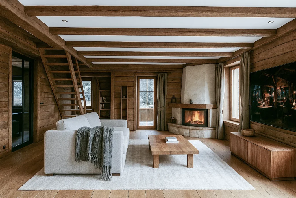 Rendering 3D di chalet esclusivo con area wellness, interni open-space e panorama sulle montagne | 3D-Rendering eines exklusiven Chalets mit Wellnessbereich, offenen Innenräumen und Bergpanorama | 3D rendering of an exclusive chalet with wellness area, open-plan interiors and mountain view