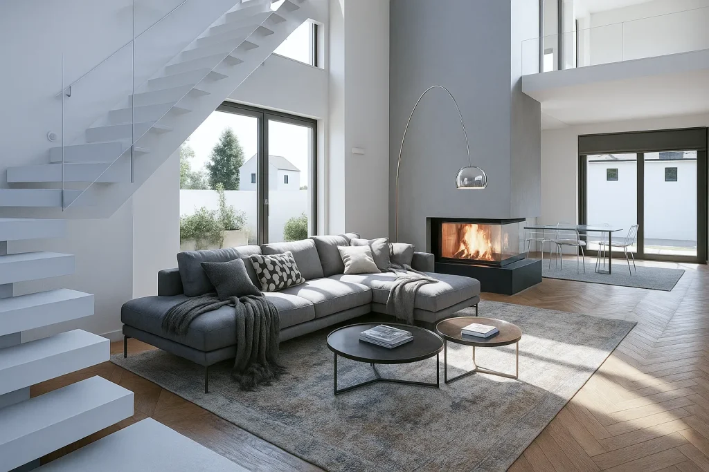 Rendering 3D di una villa moderna di lusso a Zurigo con giardino privato, piscina e grandi vetrate | 3D-Rendering einer modernen Luxusvilla in Zürich mit privatem Garten, Pool und großen Glasflächen | 3D rendering of a modern luxury villa in Zurich with private garden, pool and large glass windows