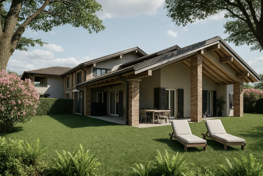 Rendering 3D di un complesso residenziale a Lugano con molte unità abitative immerse nella vegetazione | 3D-Rendering einer Wohnanlage in Lugano mit vielen Wohneinheiten im Grünen | 3D rendering of a residential complex in Lugano with multiple housing units surrounded by greenery