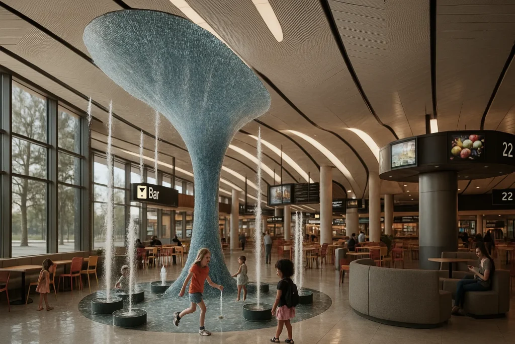 Rendering 3D di un aeroporto moderno con copertura iconica, ampie vetrate e zone passeggeri | 3D-Rendering eines modernen Flughafens mit ikonischem Dach, großen Glasflächen und Passagierzonen | 3D rendering of a modern airport with iconic roof, wide glass façades and passenger zones