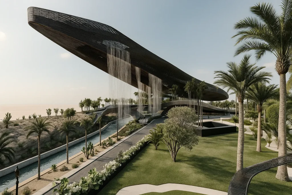 Rendering architettonico di un edificio multifunzionale in Arabia con piazza pubblica, portici ombreggiati e facciata ventilata | Architektonisches Rendering eines multifunktionalen Gebäudes in Saudi-Arabien mit öffentlichem Platz, schattigen Arkaden und belüfteter Fassade | Architectural rendering of a multifunctional building in Saudi Arabia with public plaza, shaded arcades, and ventilated facade