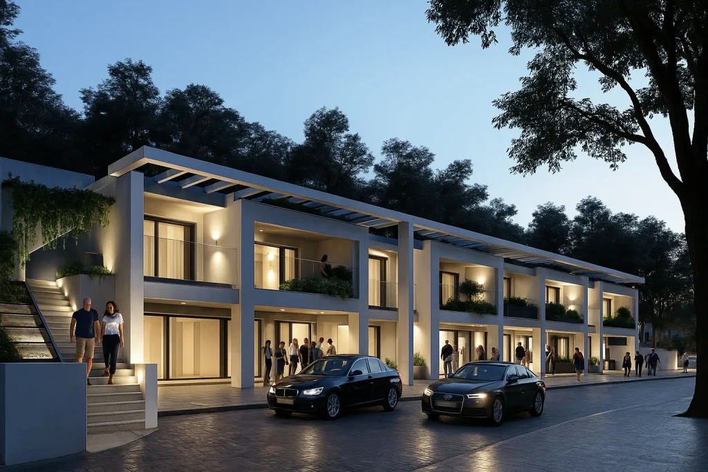 Visualizzazione 3D di una palazzina a Roma con facciata geometrica e inserti materici contemporanei | 3D-Visualisierung eines Wohngebäudes in Rom mit geometrischer Fassade und modernen Materialakzenten | 3D visualization of a residential building in Rome with geometric façade and modern material accents