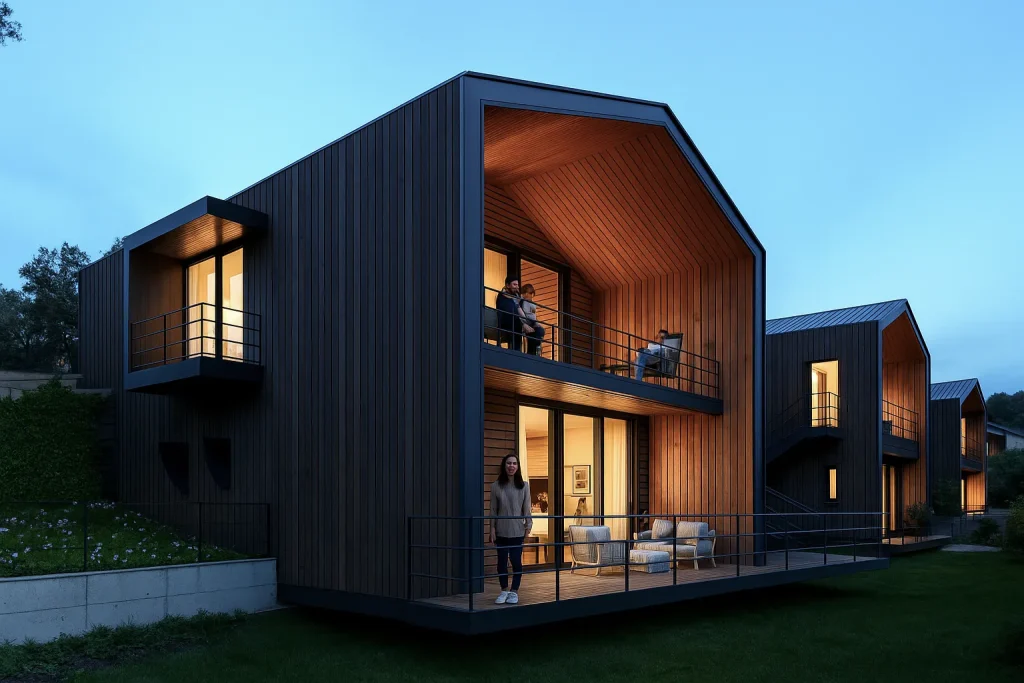 Rendering 3D di un complesso residenziale a Roma composto da ville moderne con giardini privati e architettura lineare | 3D-Rendering einer modernen Villenanlage in Rom mit privaten Gärten und klarer Architektursprache | 3D rendering of a modern villa complex in Rome with private gardens and clean architectural lines