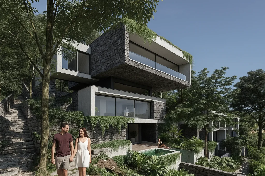 Rendering 3D di ville moderne in Liguria, immerse nel verde con vista panoramica sulla costa mediterranea | 3D-Rendering moderner Villen in Ligurien mit mediterranem Panorama und üppiger Vegetation | 3D rendering of modern villas in Liguria with panoramic sea view and lush greenery