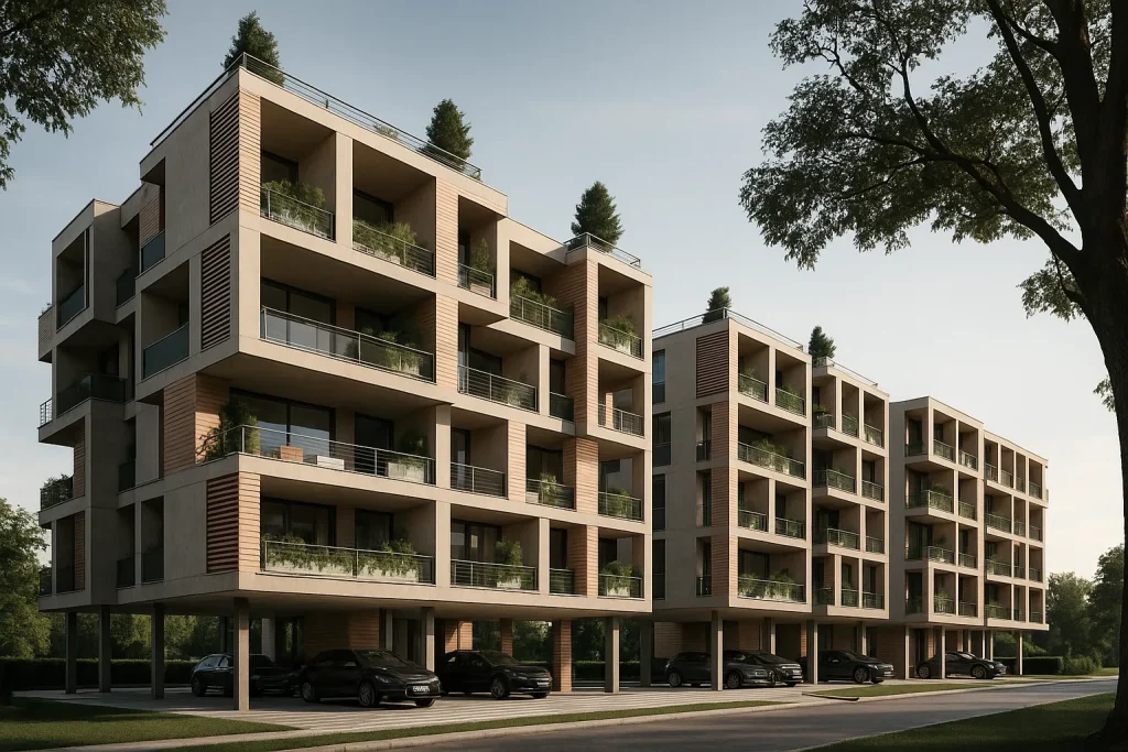 Visualizzazione 3D di una palazzina in Svizzera con tetto verde e facciata in legno naturale | 3D-Visualisierung eines Wohngebäudes in der Schweiz mit begrüntem Dach und Holzfassade | 3D visualization of an apartment building in Switzerland with green roof and timber facade