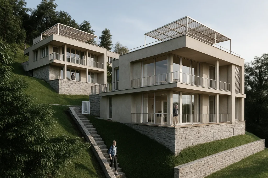 Rendering 3D di un edificio moderno affacciato su un lago, con terrazze panoramiche e ampie vetrate | 3D-Rendering eines modernen Gebäudes am See mit Panoramaterrassen und großen Glasflächen | 3D rendering of a modern lakeside building with panoramic terraces and large glass windows