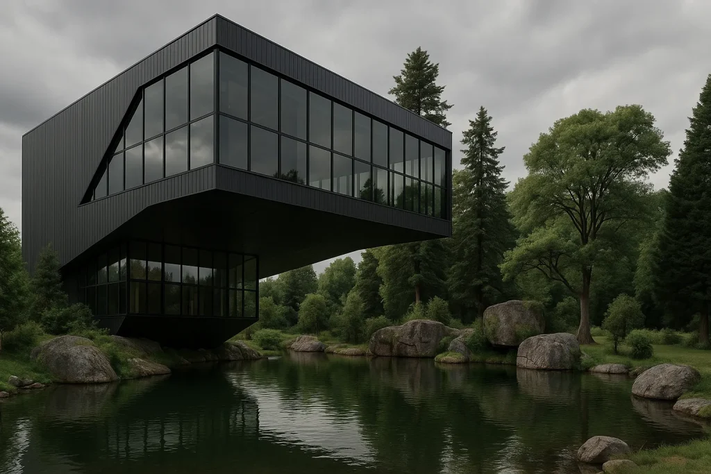 Rendering architettonico di un edificio moderno affacciato su un lago, con ampie vetrate e terrazze panoramiche | Architektonisches Rendering eines modernen Gebäudes am See mit großen Glasflächen und Aussichtsterrassen | Architectural rendering of a modern building by the lake with large glass facades and panoramic terraces