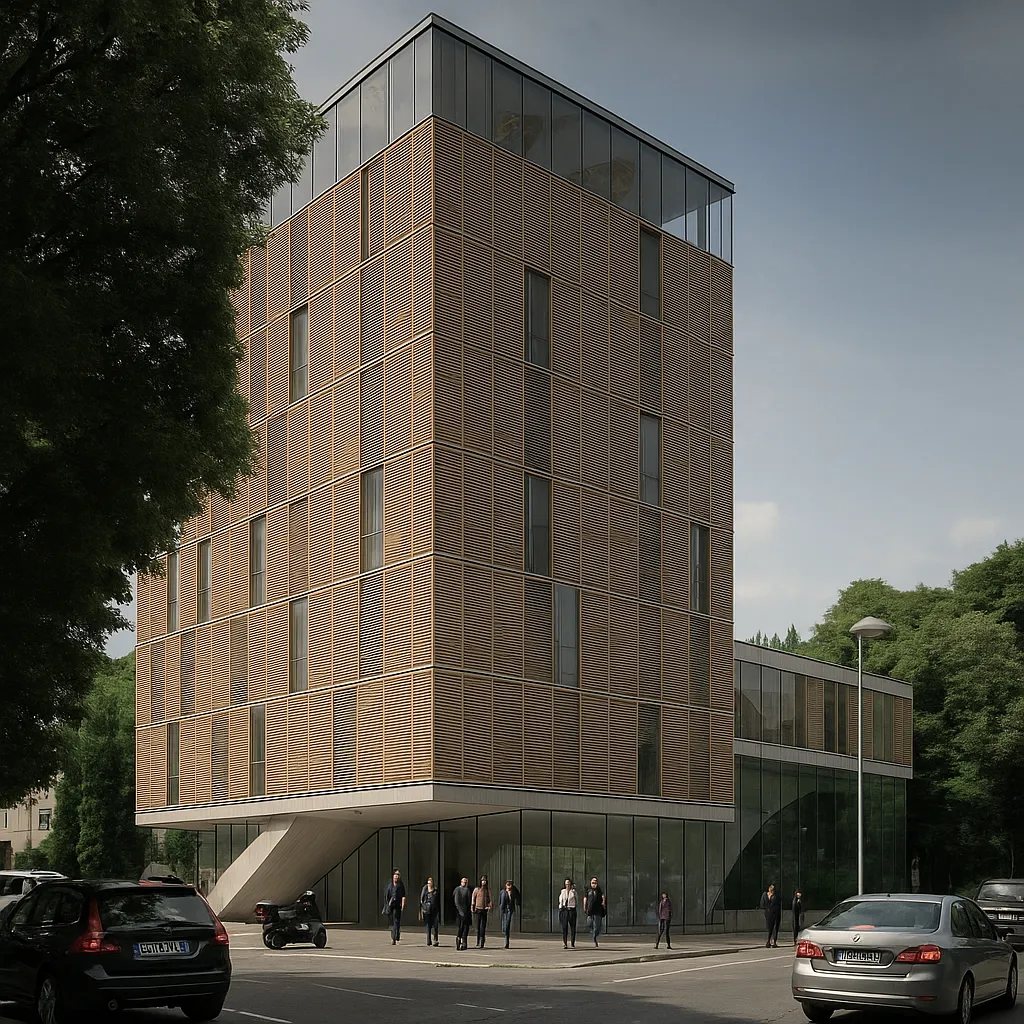 Rendering fotorealistico di un hotel di lusso a Milano con facciata moderna, interni raffinati e hall monumentale | Fotorealistisches Rendering eines Luxushotels in Mailand mit moderner Fassade, edlem Interieur und monumentaler Lobby | Photorealistic rendering of a luxury hotel in Milan with modern facade, elegant interiors and monumental lobby