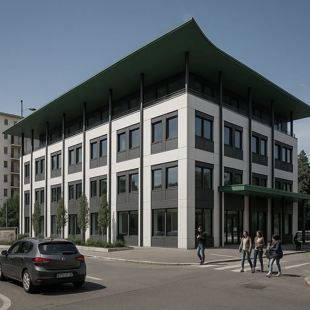 Rendering e animazione 3D di un edificio polifunzionale con spazi commerciali, uffici e aree pubbliche | 3D-Rendering und Animation eines multifunktionalen Gebäudes mit Gewerbeflächen, Büros und öffentlichen Bereichen | 3D rendering and animation of a multifunctional building with commercial spaces, offices and public areas