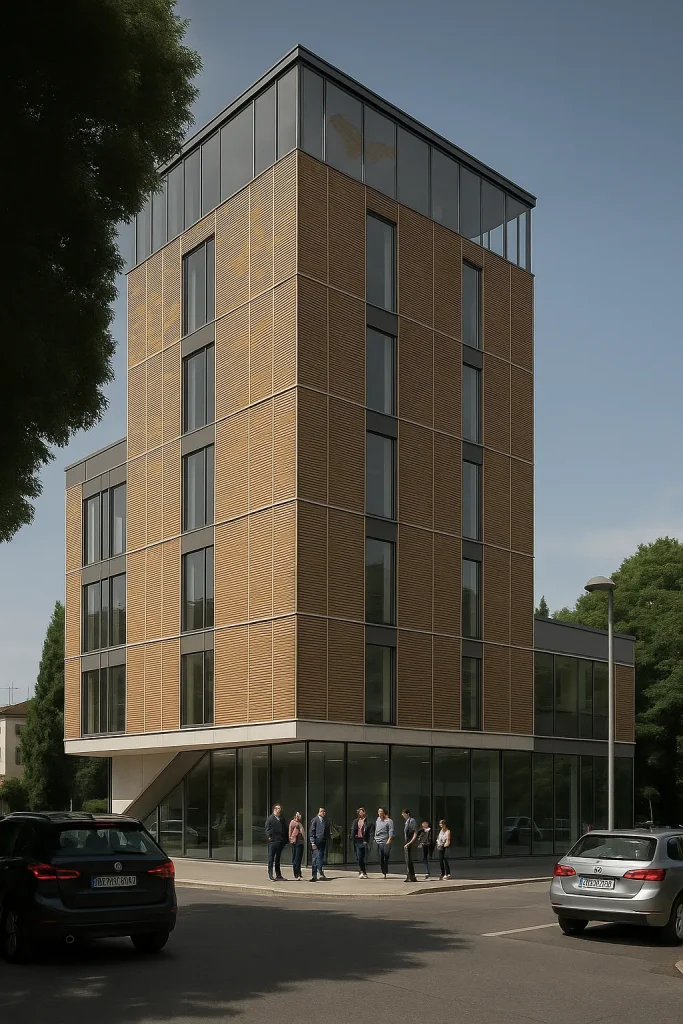 Rendering fotorealistico di un hotel di lusso a Milano con facciata moderna, interni raffinati e hall monumentale | Fotorealistisches Rendering eines Luxushotels in Mailand mit moderner Fassade, edlem Interieur und monumentaler Lobby | Photorealistic rendering of a luxury hotel in Milan with modern facade, elegant interiors and monumental lobby