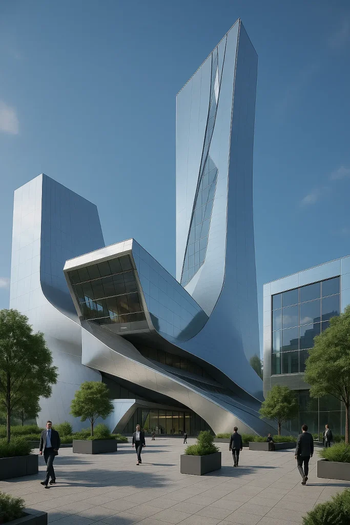 Vista architettonica di un edificio moderno in Svizzera, con volumi lineari e finiture sostenibili | Architektonische Ansicht eines modernen Gebäudes in der Schweiz mit klaren Volumen und nachhaltigen Materialien | Architectural view of a modern building in Switzerland with linear volumes and sustainable finishes