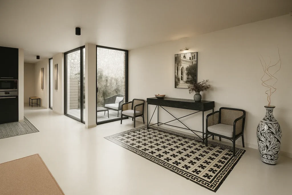 Rendering 3D degli interni di una villa in Grecia, con arredi minimalisti, colori chiari e vista sul mare | 3D-Rendering der Innenräume einer Villa in Griechenland mit minimalistischer Einrichtung, hellen Farben und Meerblick | 3D rendering of the interior of a villa in Greece with minimalist furniture, bright colors and sea view