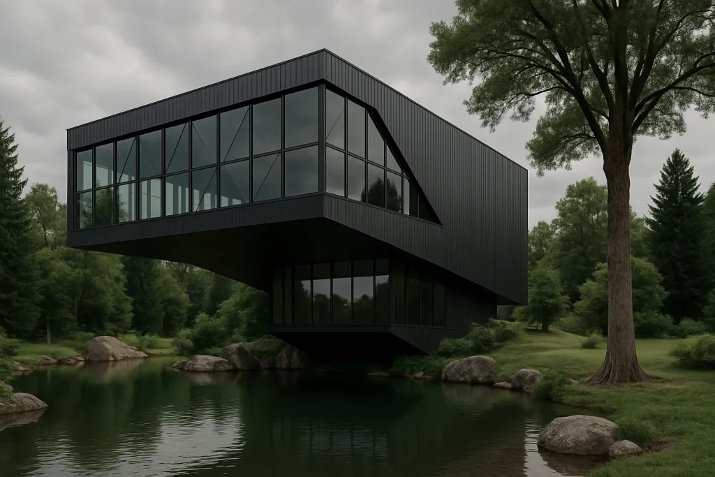 Rendering fotorealistico di una casa di design con forme moderne e materiali innovativi | Fotorealistisches Rendering eines modernen Designhauses mit innovativen Materialien | Photorealistic rendering of a design house with modern forms and innovative materials