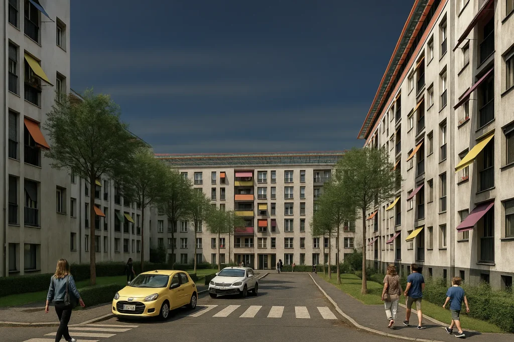 Rendering di un intervento di rigenerazione urbana a Roma con abitazioni modulari, piste ciclabili e spazi pubblici integrati | Rendering einer urbanen Erneuerung in Rom mit modularen Wohnhäusern, Radwegen und integrierten öffentlichen Bereichen | Rendering of an urban regeneration project in Rome with modular housing, bike paths and integrated public areas