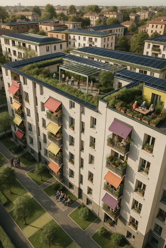 Vista urbana di un quartiere romano riqualificato con piazze pedonali, aree culturali e percorsi accessibili | Städtebauliche Ansicht eines erneuerten römischen Viertels mit Fußgängerplätzen, Kulturbereichen und barrierefreien Wegen | Urban view of a renewed Roman district with pedestrian plazas, cultural zones and accessible paths