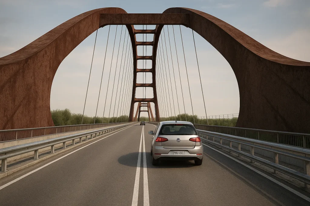 Rendering 3D di una proposta per un ponte sul Po con design scultoreo e struttura integrata nel paesaggio | 3D-Rendering eines Brückenvorschlags über den Po mit skulpturalem Design und landschaftlicher Integration | 3D rendering of a bridge proposal over the Po River with sculptural design and landscape integration