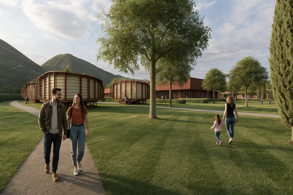 Rendering e animazione 3D di un campus scolastico con edifici modulari, cortili verdi e spazi didattici aperti | 3D-Rendering und Animation eines Bildungscampus mit modularen Gebäuden, grünen Höfen und offenen Lernbereichen | 3D rendering and animation of a school campus with modular buildings, green courtyards and open learning spaces