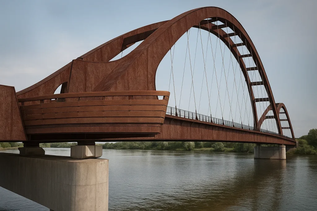 Rendering architettonico di un ponte sul Po con struttura moderna e integrazione ambientale | Architektonisches Rendering einer Brücke über den Po mit moderner Struktur und landschaftlicher Einbindung | Architectural rendering of a bridge over the Po River with modern structure and environmental integration