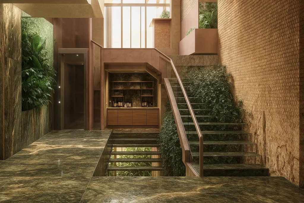 Rendering 3D della hall di un hotel con design ispirato alla natura, piante verdi e materiali sostenibili | 3D-Rendering einer Hotellobby mit naturinspiriertem Design, Pflanzen und nachhaltigen Materialien | 3D rendering of a hotel lobby with nature-inspired design, greenery and sustainable materials