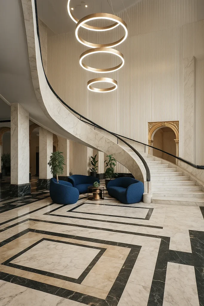 Rendering dell’ingresso di una villa dell’800 in Svizzera, con portale in pietra, dettagli ornamentali e giardino | Rendering des Eingangs einer Villa aus dem 19. Jahrhundert in der Schweiz mit Steintor, Ornamenten und Garten | Rendering of a 19th-century Swiss villa entrance with stone portal, decorative details and garden