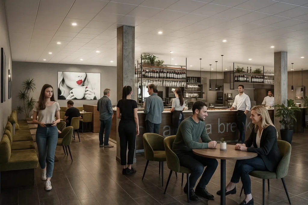 Rendering 3D di un bar moderno con bancone illuminato, arredi curati e atmosfera accogliente | 3D-Rendering einer modernen Bar mit beleuchtetem Tresen, stilvollen Möbeln und einladender Atmosphäre | 3D rendering of a modern bar with illuminated counter, stylish furniture and welcoming mood