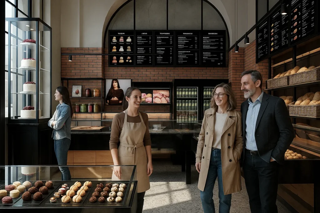 Rendering 3D di un panificio con bancone rustico, pareti in legno, profusione di luce naturale e atmosfera calda | 3D-Rendering einer Bäckerei mit rustikalem Tresen, Holzwänden und viel natürlichem Licht | 3D rendering of a bakery with rustic counter, wooden walls and plenty of natural light