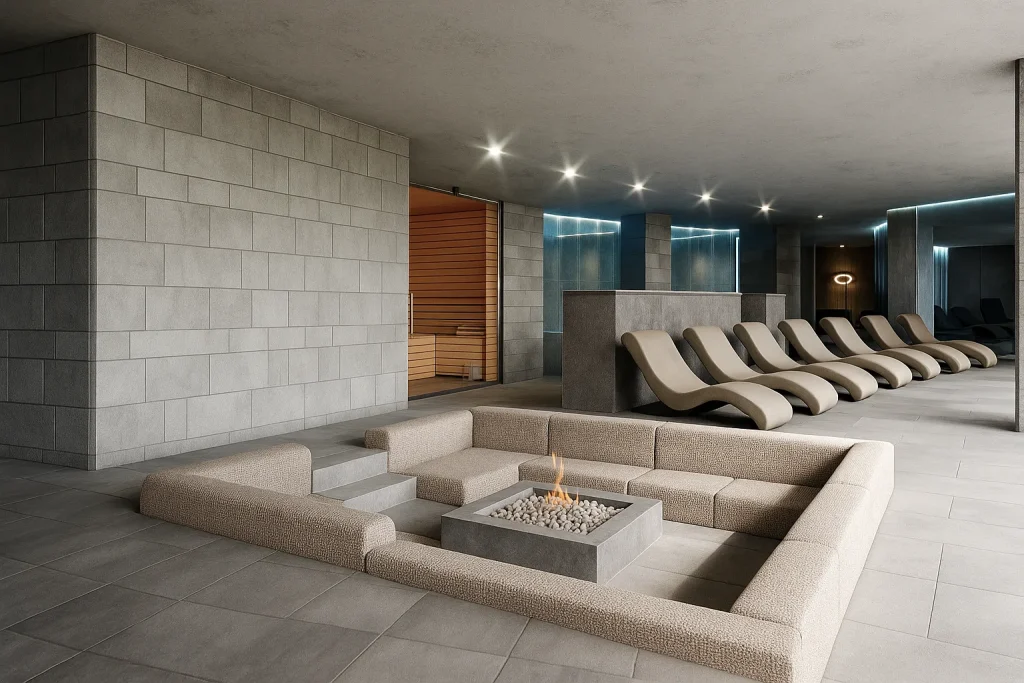 Rendering 3D di una SPA a Zurigo con interni in legno naturale, luci soffuse, piscina e zona relax | 3D-Rendering eines Spas in Zürich mit natürlichen Holzoberflächen, weichem Licht, Pool und Ruhebereich | 3D rendering of a SPA in Zurich with natural wood interiors, soft lighting, pool and relaxation area