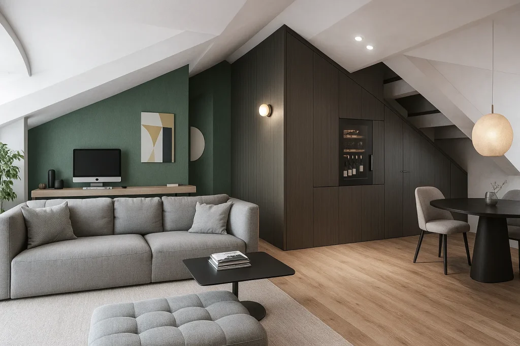 Rendering 3D di un appartamento a Ginevra con interni di design, ampie vetrate e vista sulla città | 3D-Rendering einer Wohnung in Genf mit stilvollem Interieur, großen Fenstern und Stadtblick | 3D rendering of an apartment in Geneva with designer interiors, large windows and city view