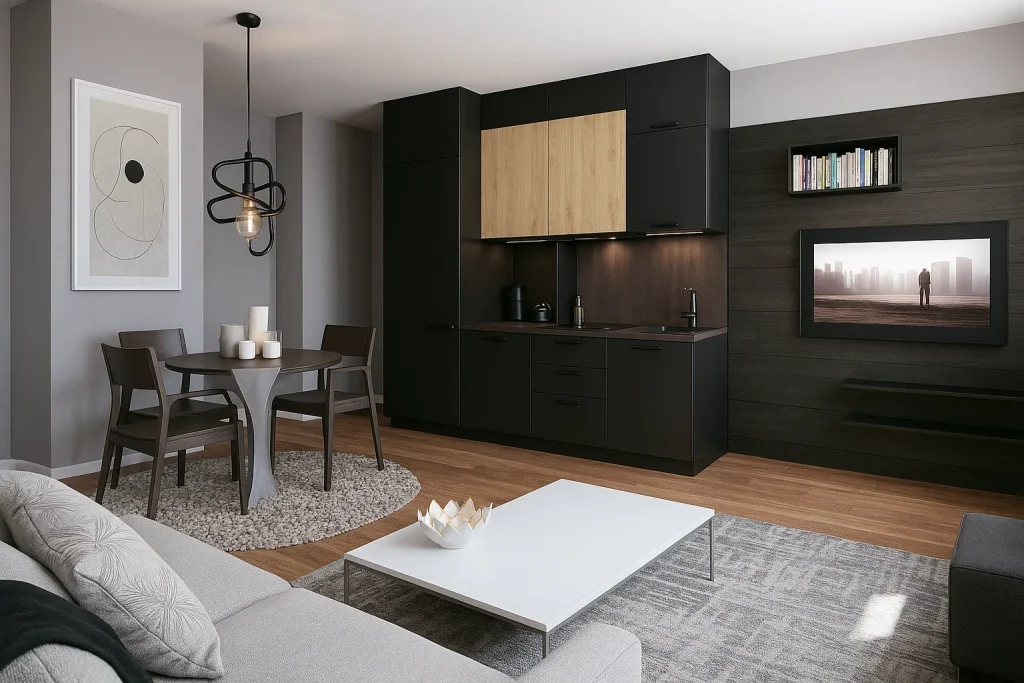 Rendering 3D di un mini appartamento moderno in Svizzera con arredi salvaspazio, cucina compatta e luce naturale | 3D-Rendering einer modernen Miniwohnung in der Schweiz mit platzsparender Einrichtung, kompakter Küche und natürlichem Licht | 3D rendering of a modern mini apartment in Switzerland with space-saving furniture, compact kitchen and natural light