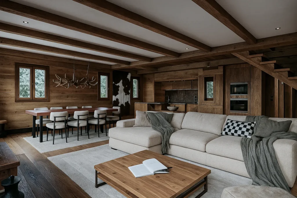 Rendering 3D di una baita in legno immersa nella neve o tra i boschi, con tetto spiovente e caminetto | 3D-Rendering einer Holzhütte im Schnee oder Wald mit Satteldach und Kamin | 3D rendering of a wooden mountain cabin in the snow or forest, with pitched roof and fireplace