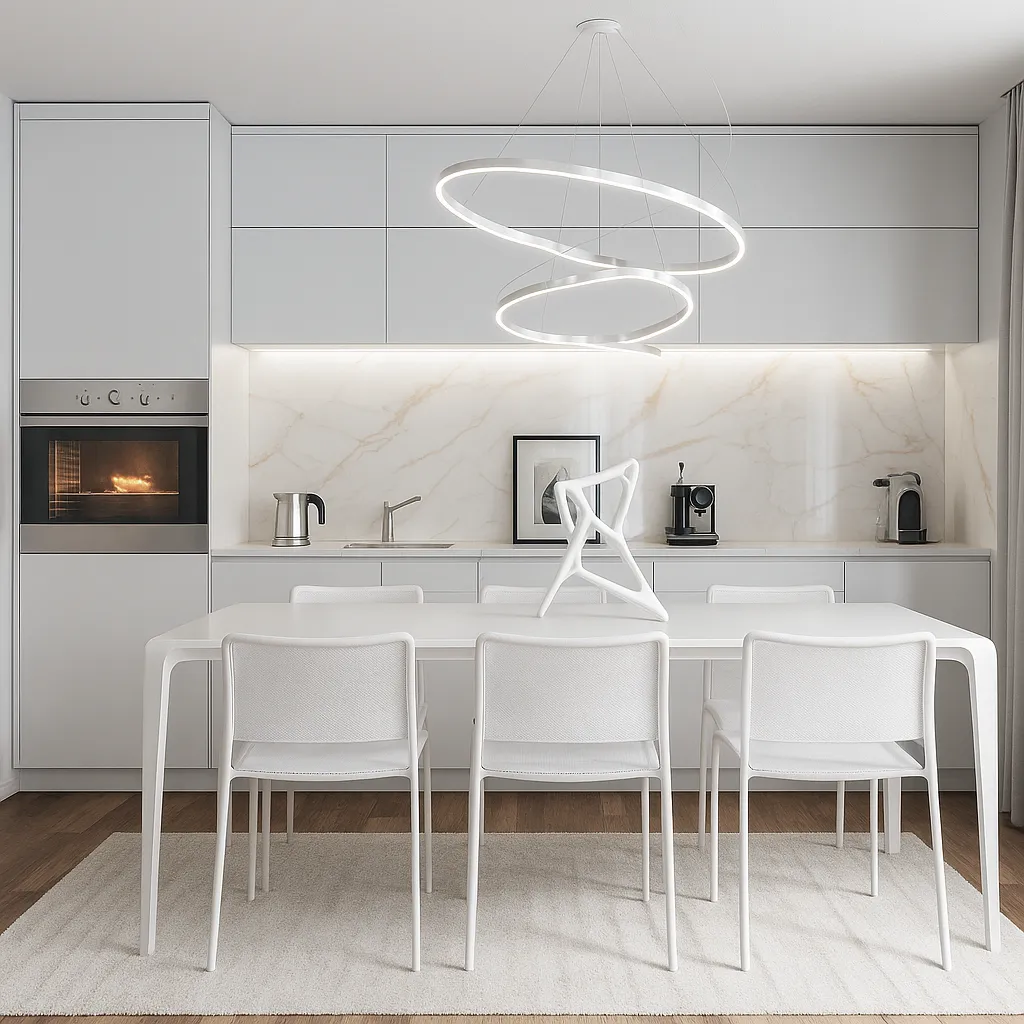 Rendering fotorealistico di una cucina moderna con isola centrale, superfici minimaliste e illuminazione integrata | Fotorealistisches Rendering einer modernen Küche mit Kochinsel, minimalistischen Oberflächen und integrierter Beleuchtung | Photorealistic rendering of a modern kitchen with central island, minimalist surfaces and integrated lighting