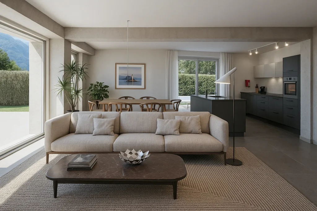 Rendering 3D degli interni di una villa a Zurigo, con spazi ampi, arredi di lusso e grandi finestre | 3D-Rendering der Innenräume einer Villa in Zürich mit großzügigen Räumen, luxuriöser Einrichtung und großen Fenstern | 3D rendering of a villa interior in Zurich with spacious rooms, luxury furnishings and large windows