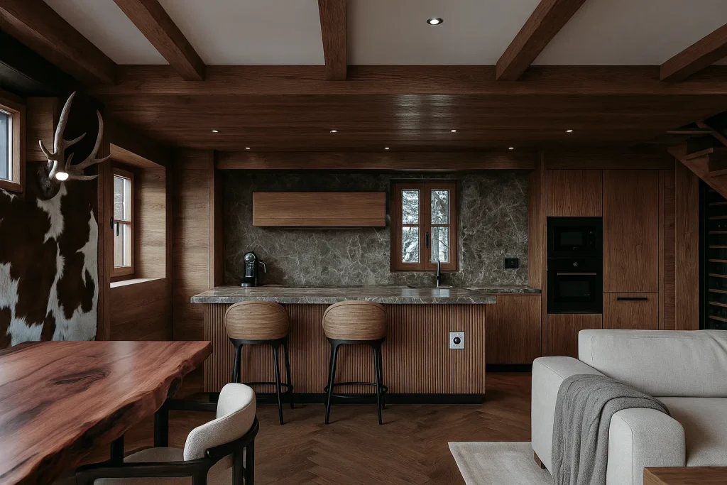 Rendering 3D degli interni di uno chalet con vista sulle montagne, arredamento rustico e dettagli moderni | 3D-Rendering eines Chalets mit Bergblick, rustikaler Einrichtung und modernen Details | 3D rendering of a chalet interior with mountain view, rustic furniture and modern details