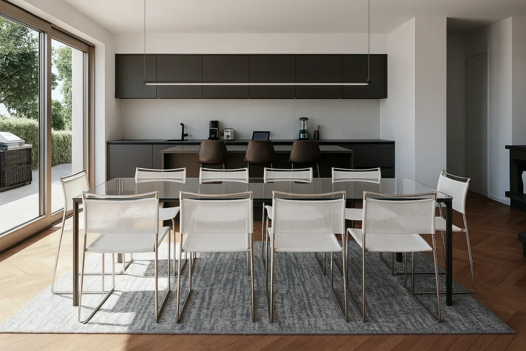 Rendering 3D di una cucina moderna ad Ascona, con isola centrale, superfici minimaliste e vista sul paesaggio | 3D-Rendering einer modernen Küche in Ascona mit Kochinsel, minimalistischen Oberflächen und Landschaftsblick | 3D rendering of a modern kitchen in Ascona with island counter, minimalist surfaces and scenic view