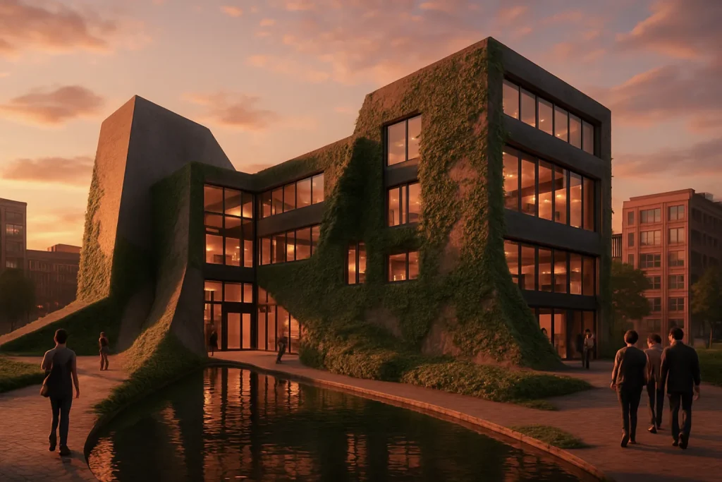 Rendering 3D di un edificio moderno immerso nella vegetazione con facciate vetrate e materiali naturali | 3D-Rendering eines modernen Gebäudes im Grünen mit Glasfassaden und natürlichen Materialien | 3D rendering of a modern building surrounded by greenery with glass facades and natural materials