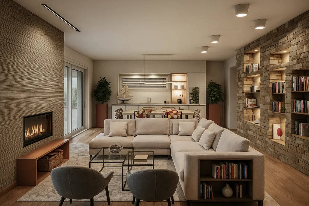 Rendering 3D di interni moderni a Winterthur, con arredi essenziali, toni neutri e materiali di alta qualità | 3D-Rendering moderner Innenräume in Winterthur mit minimalistischer Einrichtung, neutralen Tönen und hochwertigen Materialien | 3D rendering of modern interiors in Winterthur with minimal furnishings, neutral tones and premium materials