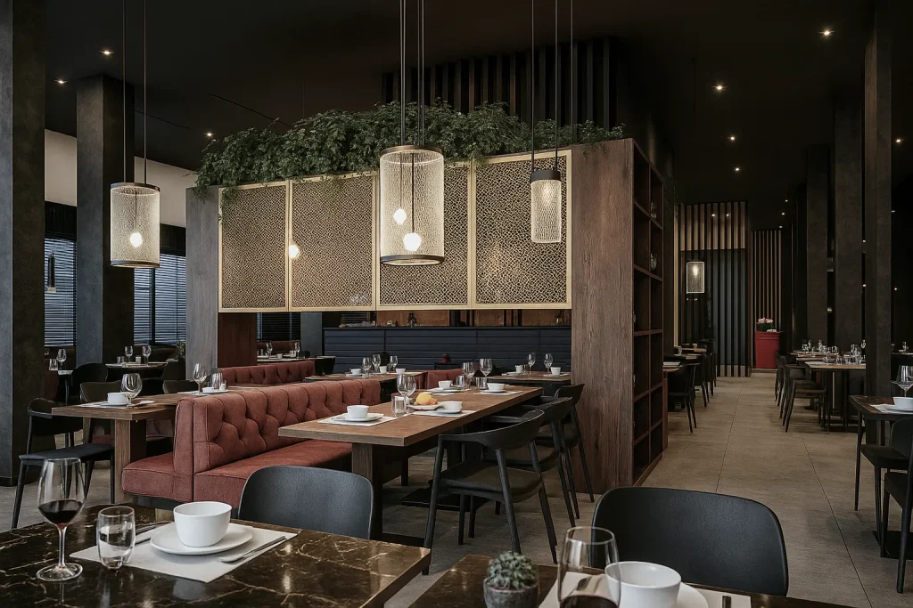 Rendering 3D di un ristorante spagnolo con interni caldi, dettagli in legno e luci soffuse | 3D-Rendering eines spanischen Restaurants mit warmem Interieur, Holzelementen und weicher Beleuchtung | 3D rendering of a Spanish restaurant with warm interior, wooden details and soft lighting