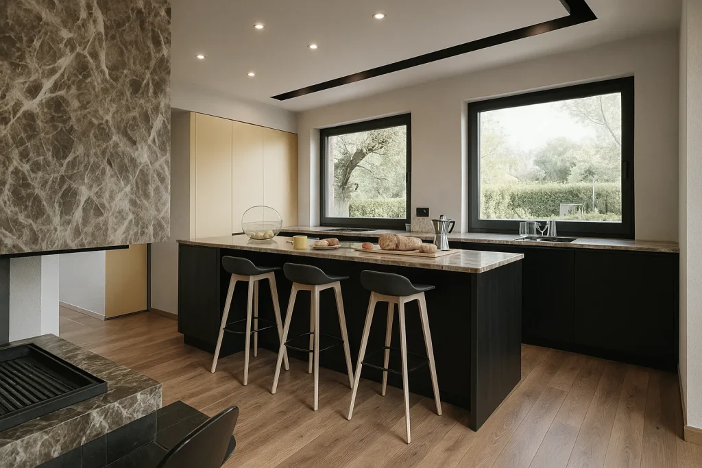 Rendering 3D di una cucina moderna con isola centrale, superfici minimaliste e illuminazione integrata | 3D-Rendering einer modernen Küche mit Kochinsel, minimalistischen Oberflächen und integrierter Beleuchtung | 3D rendering of a modern kitchen with island counter, minimalist surfaces and integrated lighting