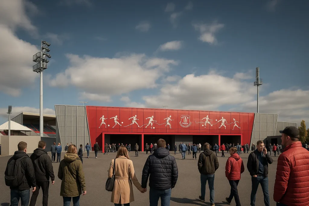 Rendering 3D di uno stadio di calcio con tribune moderne, copertura dinamica e illuminazione notturna | 3D-Rendering eines Fußballstadions mit modernen Tribünen, dynamischer Überdachung und Nachtbeleuchtung | 3D rendering of a football stadium with modern stands, dynamic roof structure and night lighting