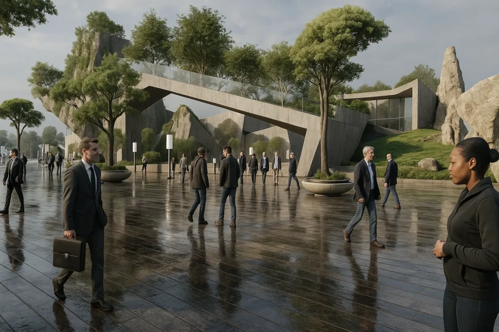 Rendering di un padiglione per l’Expo con struttura leggera, forme organiche e spazi aperti al pubblico | Rendering eines Expo-Pavillons mit leichter Struktur, organischen Formen und öffentlichen Bereichen | Rendering of an Expo pavilion with lightweight structure, organic shapes and public open spaces