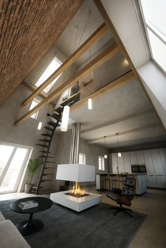 Rendering 3D di un salotto a Praga con arredi moderni, palette neutra e grandi finestre panoramiche | 3D-Rendering eines Wohnzimmers in Prag mit modernen Möbeln, neutraler Farbpalette und großen Fenstern | 3D rendering of a living room in Prague with modern furnishings, neutral palette and large panoramic windows