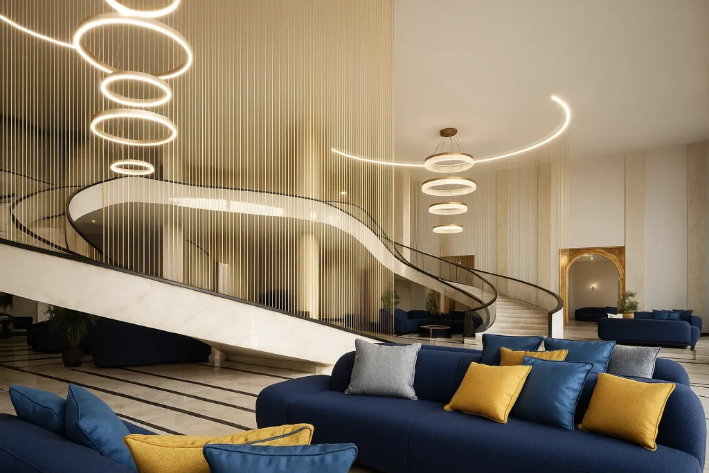 Rendering 3D di un ingresso lussuoso con pavimenti in marmo, illuminazione elegante e arredi raffinati | 3D-Rendering eines luxuriösen Eingangsbereichs mit Marmorboden, stilvoller Beleuchtung und edlem Interieur | 3D rendering of a luxurious entrance with marble floors, elegant lighting and refined furnishings