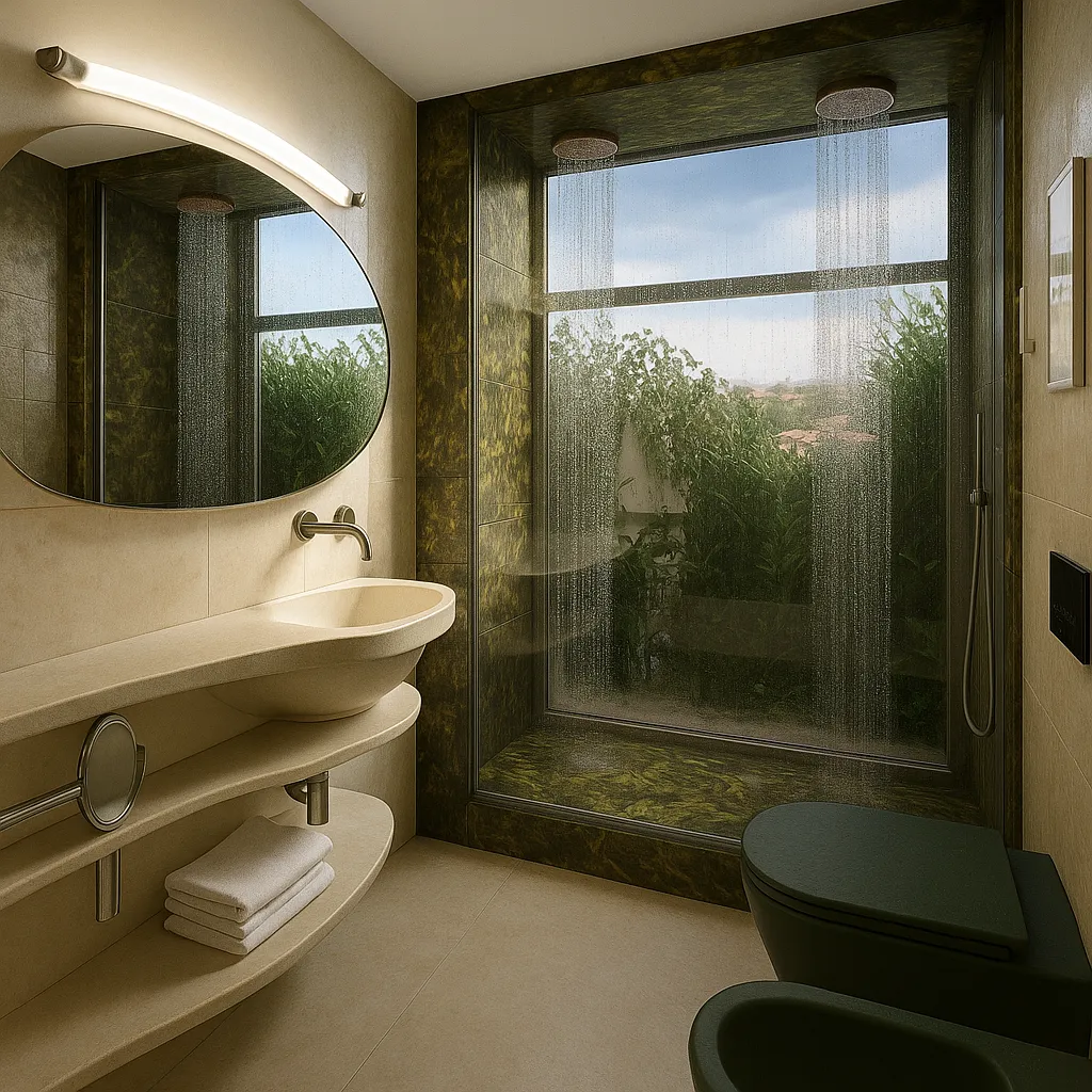 Rendering fotorealistico di un bagno moderno a Zurigo con finiture di pregio e illuminazione naturale | Fotorealistisches Rendering eines modernen Badezimmers in Zürich mit hochwertigen Oberflächen und natürlichem Licht | Photorealistic rendering of a modern bathroom in Zurich with premium finishes and natural light