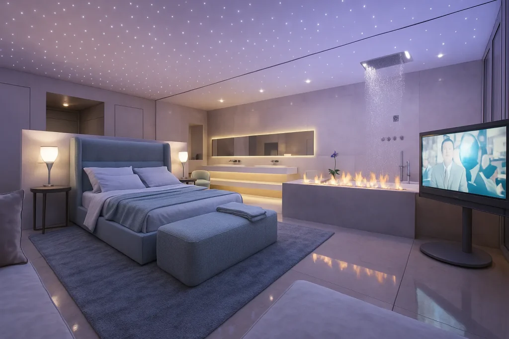 Rendering 3D di una suite di lusso con letto king-size, zona living elegante e vista panoramica | 3D-Rendering einer luxuriösen Suite mit Kingsize-Bett, stilvollem Wohnbereich und Panoramablick | 3D rendering of a luxury suite with king-size bed, elegant living area and panoramic view