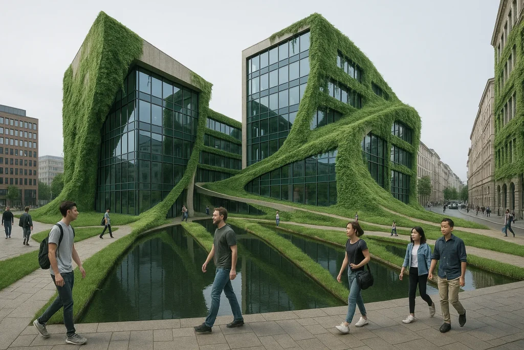 Rendering 3D di una casa contemporanea circondata da vegetazione rigogliosa, con ampie vetrate e tetto verde | 3D-Rendering eines zeitgenössischen Hauses mit üppiger Vegetation, großen Glasflächen und begrüntem Dach | 3D rendering of a contemporary home surrounded by lush greenery, with large windows and a green roof