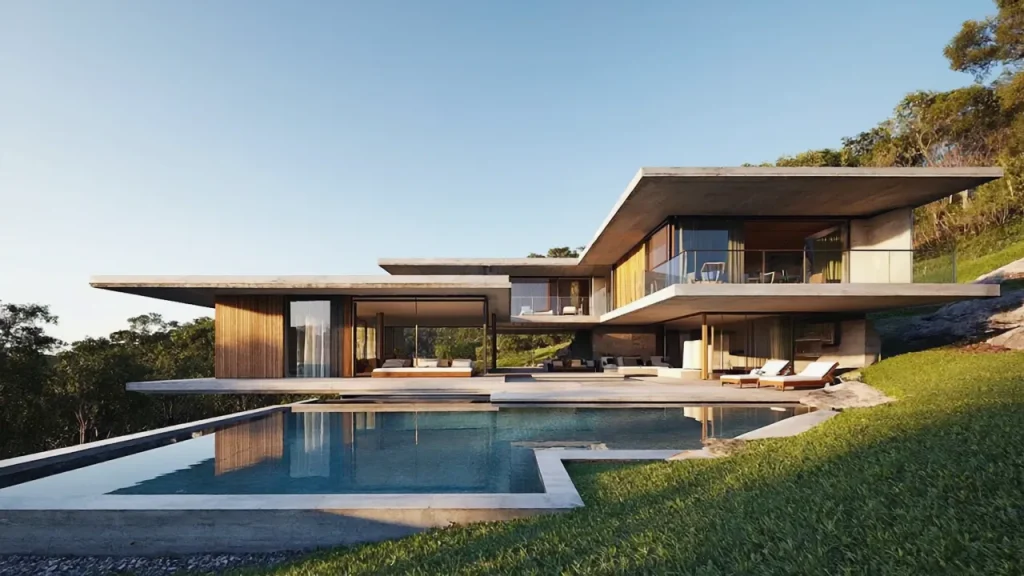 Rendering di una villa moderna negli Stati Uniti con piscina, grandi vetrate e giardino privato | Rendering einer modernen Villa in den USA mit Pool, großen Glasflächen und privatem Garten | Rendering of a modern villa in the US with pool, large glass windows, and private garden